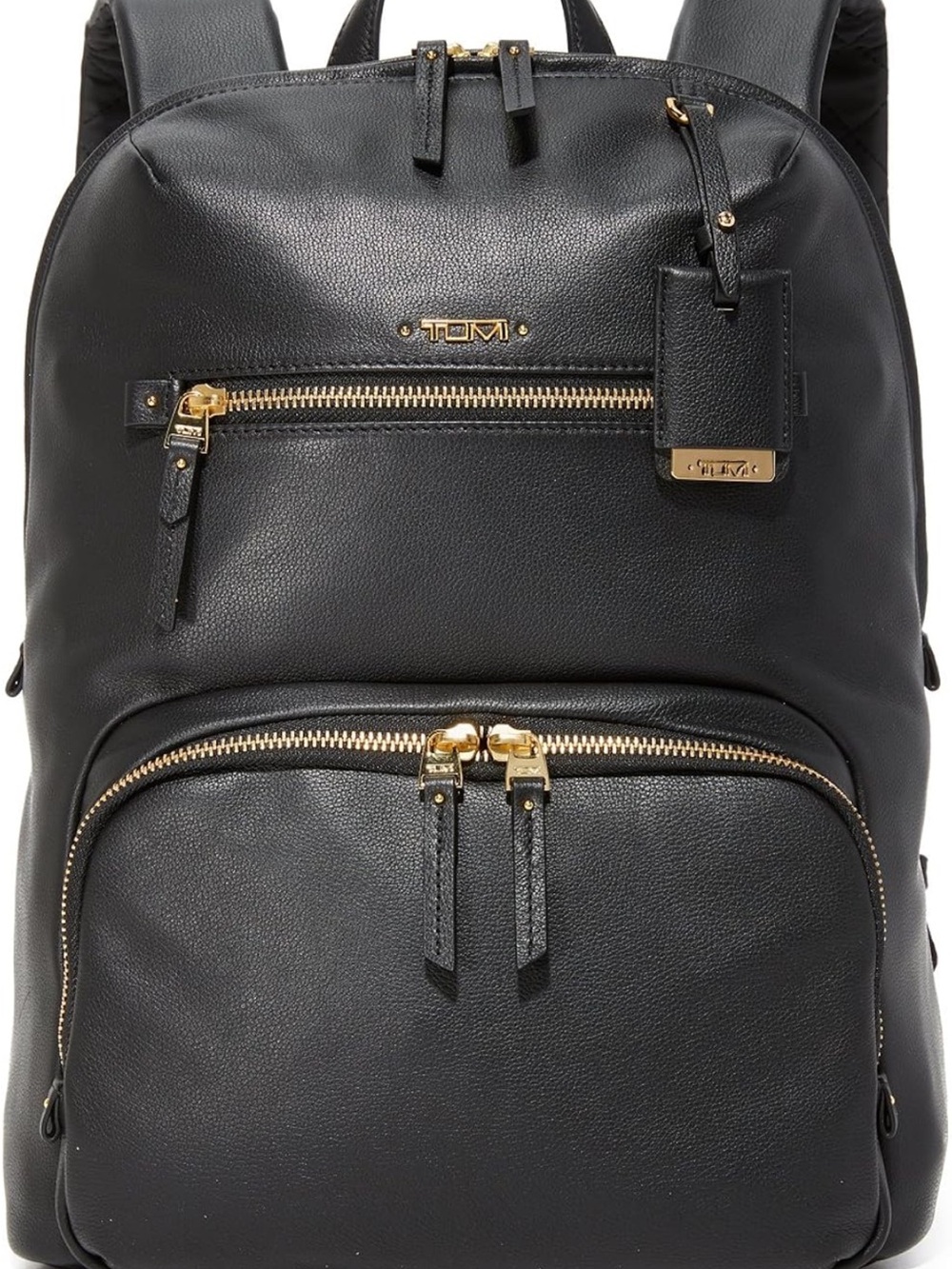 Tumi Black Leather Backpack with Gold Hardware Accents